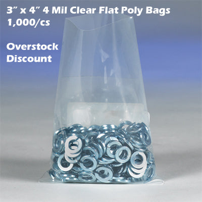 3" x 4" 4 Mil Clear Flat Poly Bags 1,000/cs *Overstock Discount*