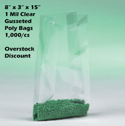 8" x 3" x 15" 1 Mil Clear Gusseted Poly Bags 1,000/cs *Overstock Discount*