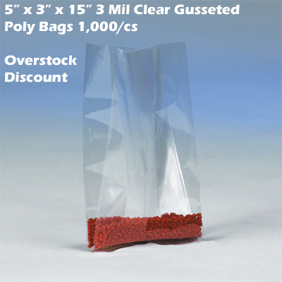 5" x 3" x 15" 3 Mil Clear Gusseted Poly Bags 1,000/cs *Overstock Discount*-3 Mil Gusseted Poly Bags-Lamar Packaging Supplies Inc