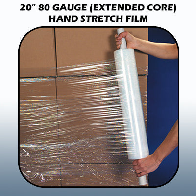 20" 80 Gauge x 1,000' Extended Core Clear Hand Stretch Film 4rls/cs (Photo 1)