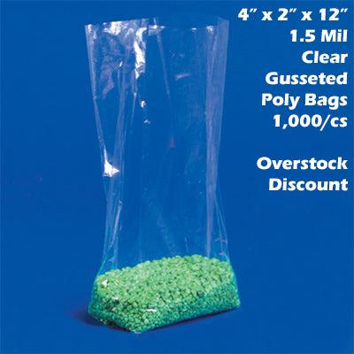 4" x 2" x 12" 1.5 Mil Clear Gusseted Poly Bags 1,000/cs *Overstock Discount*