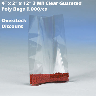 4" x 2" x 12" 3 Mil Clear Gusseted Poly Bags 1,000/cs *Overstock Discount*