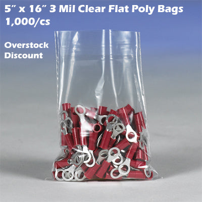 5" x 16" 3 Mil Clear Flat Poly Bags 1,000/cs *Overstock Discount*