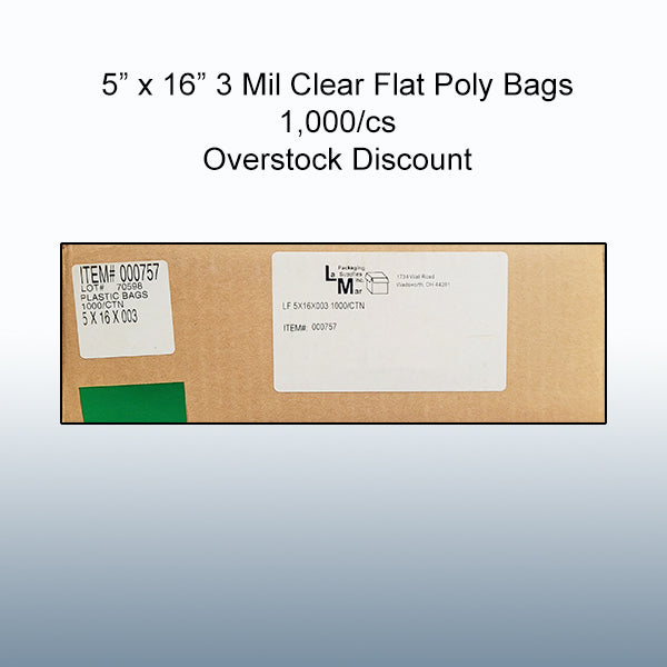 5" x 16" 3 Mil Clear Flat Poly Bag 1,000/cs *Overstock*