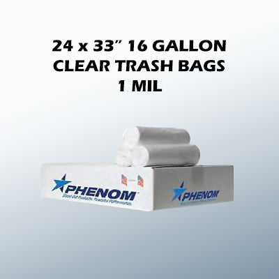 24 x 33 16 Gallon 1mil Clear Trash Bags 500/cs