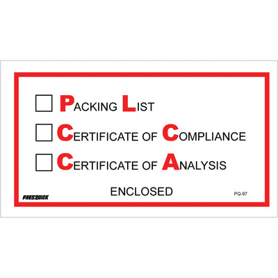 5-1/2 x 10" "Packing List/Cert of Compliance & Analysis Enclosed" Envelopes 1,000/cs
